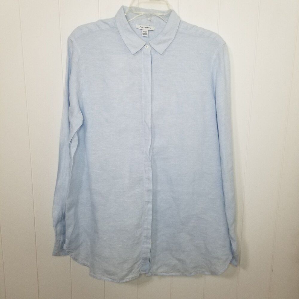 Pure Navy Linen Women's Blue Button Up Shirt Long Sleeve Size Medium